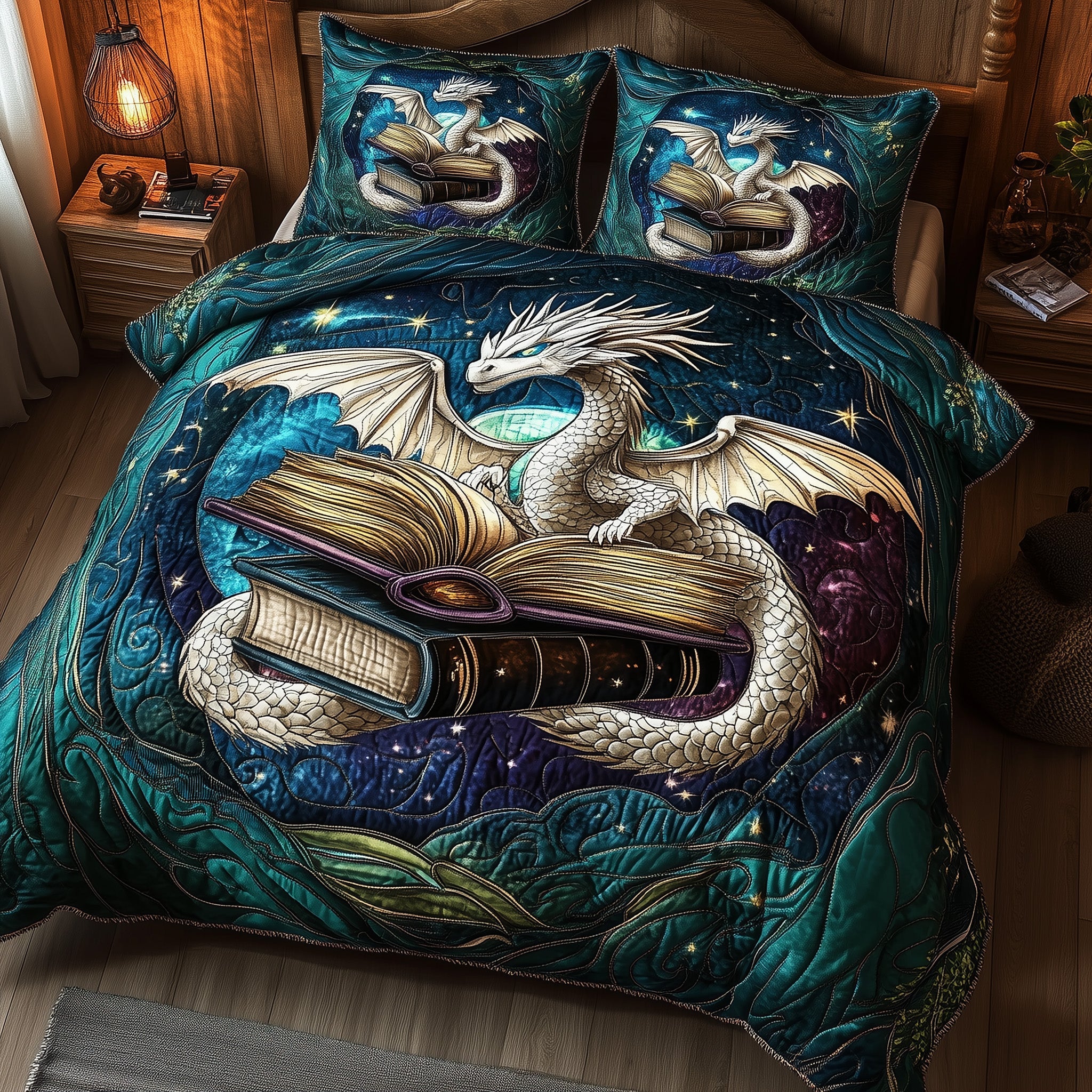 Celestial Dragon Reader Quilted Bedding Set Duvet Cover Bedspread Dragon Themed Gifts For Adults