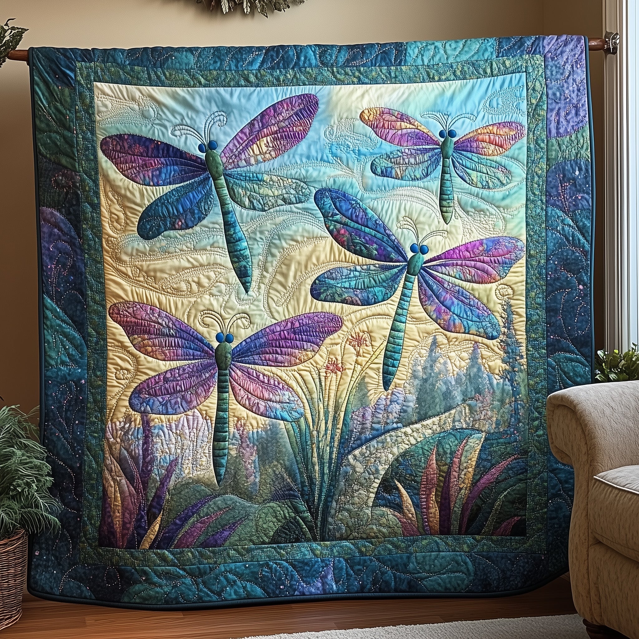 Celestial Dragonflies Quilted Blanket Merchandise Throw BlanketDragonfly Gift For Adults