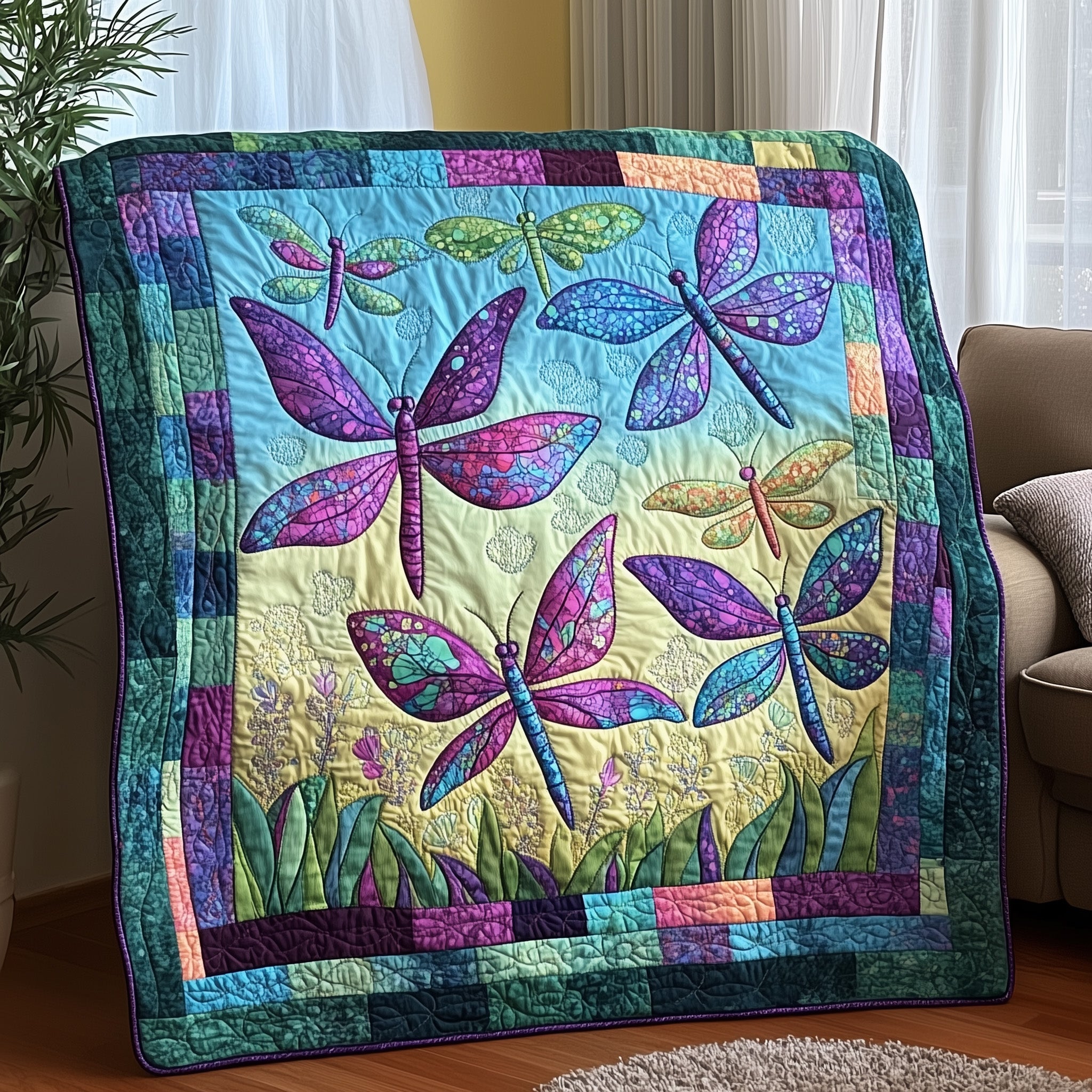 Celestial Dragonflies Quilted Blanket Merchandise Throw BlanketDragonfly Gifts For Women