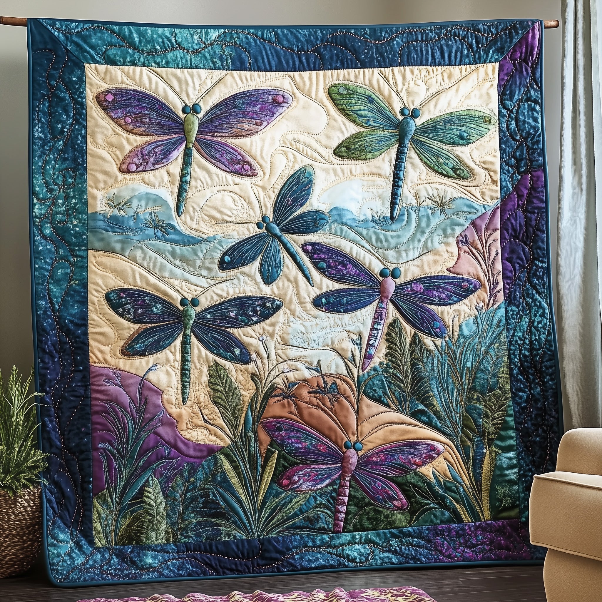 Celestial Dragonflies Quilted Blanket Merchandise Throw BlanketDragonfly Lover Gifts For Women