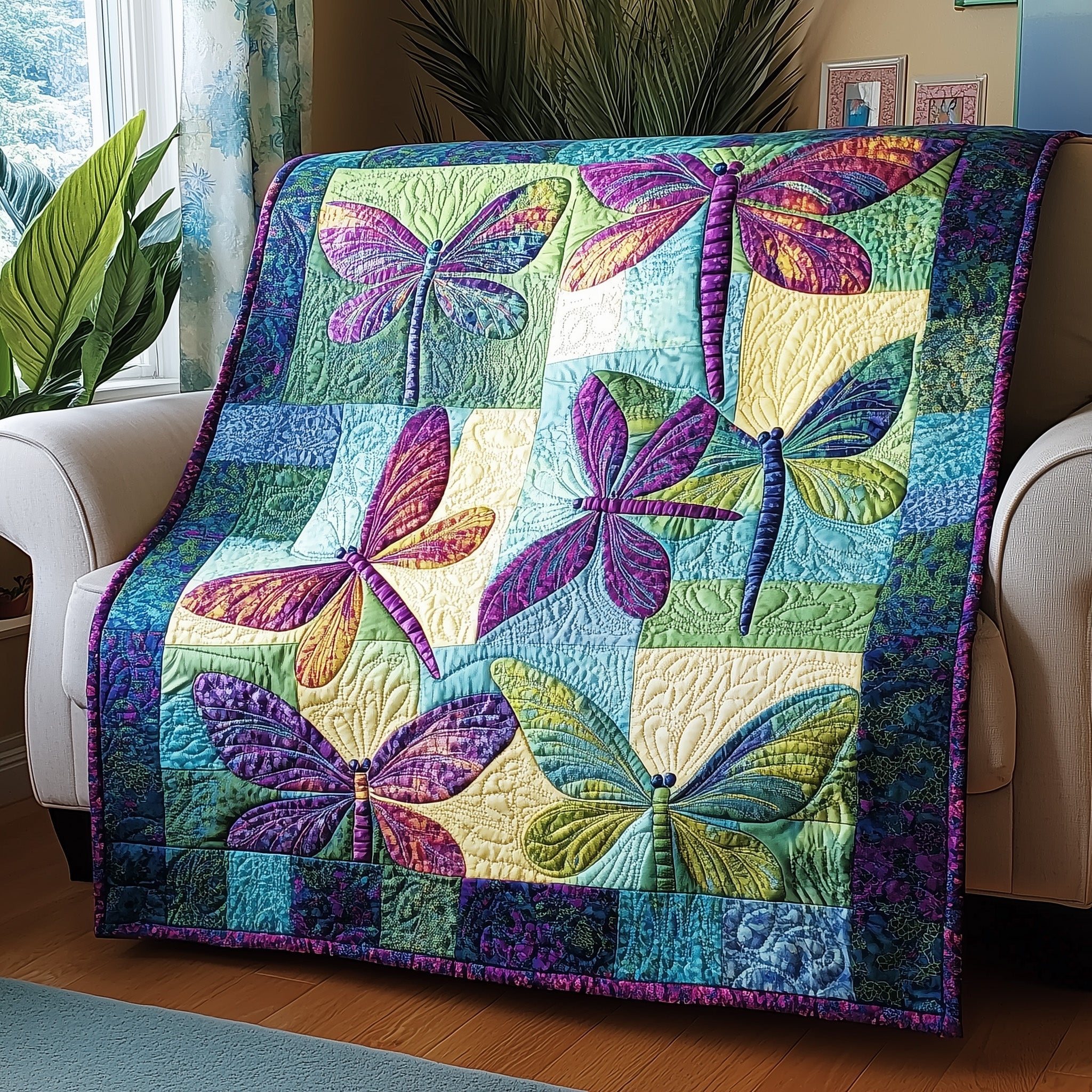 Celestial Dragonflies Quilted Blanket Merchandise Throw BlanketDragonfly Themed Gifts For Her