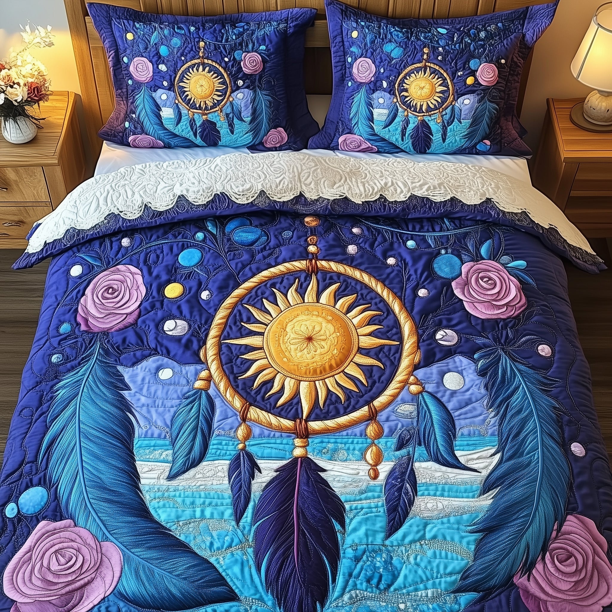 Celestial Dream Catcher Quilted Bedding Set Duvet Cover Merchandise Luxury Gifts For Cat Lovers