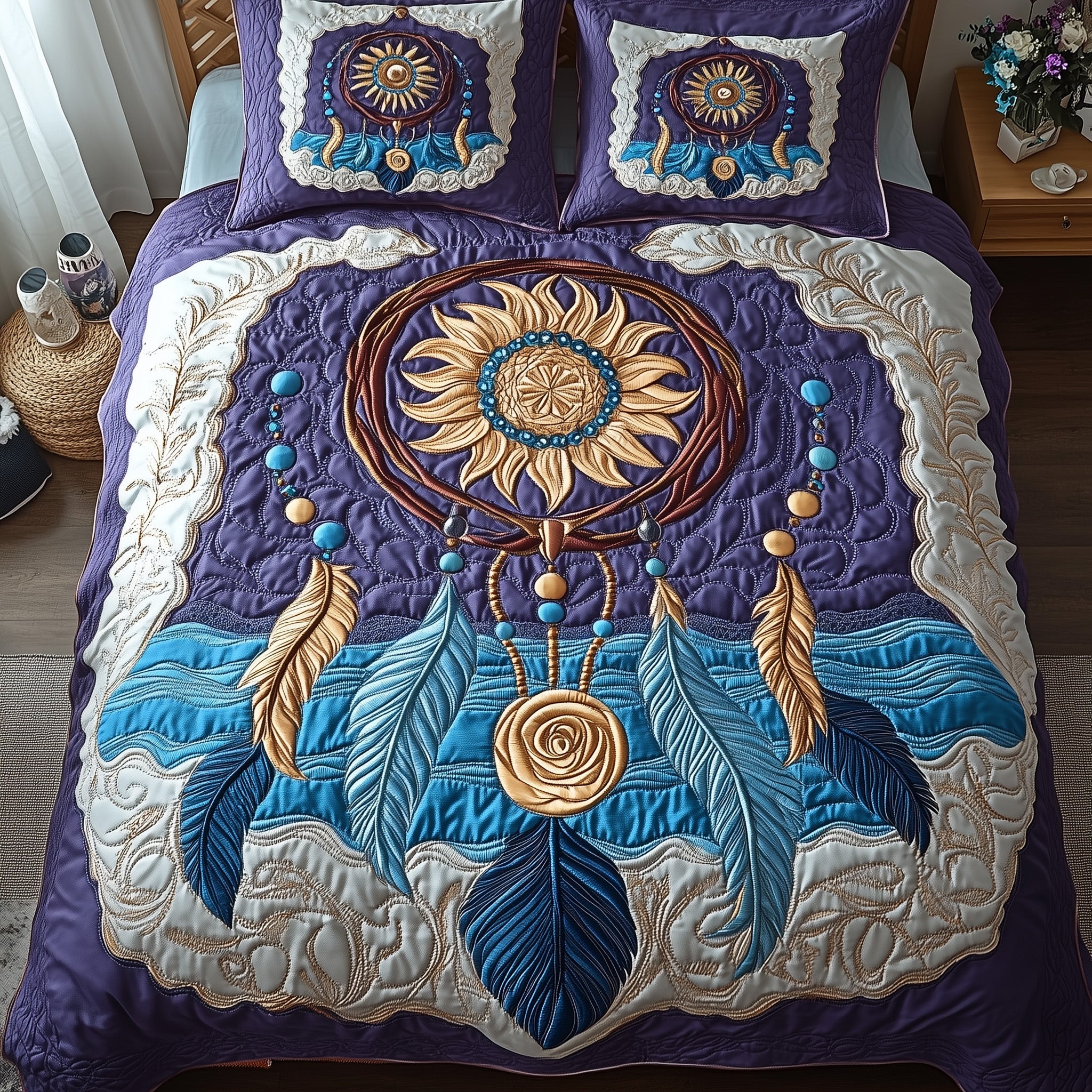 Celestial Dream Catcher Quilted Bedding Set Duvet Cover Merchandise Presents For Cat Lovers