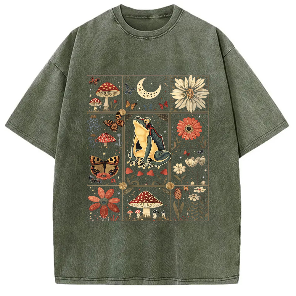 Celestial Frog Goblincore Mushroom Washed T-Shirt Unique Aesthetic Fashion Tee Gifts For Best Friend