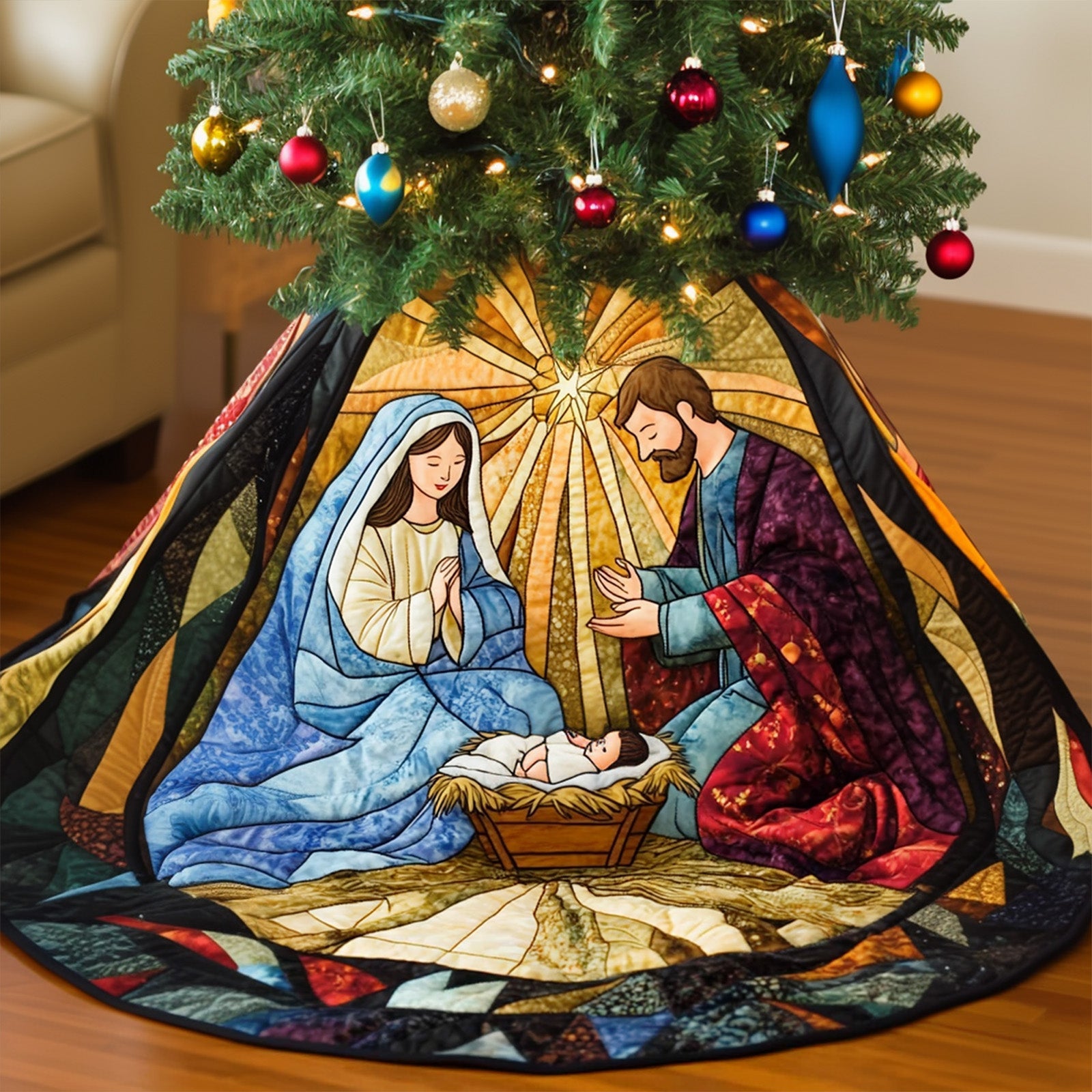Celestial Glow Quilted Christmas Tree Skirt Adorable Holiday Tree Skirt for Cozy Spaces