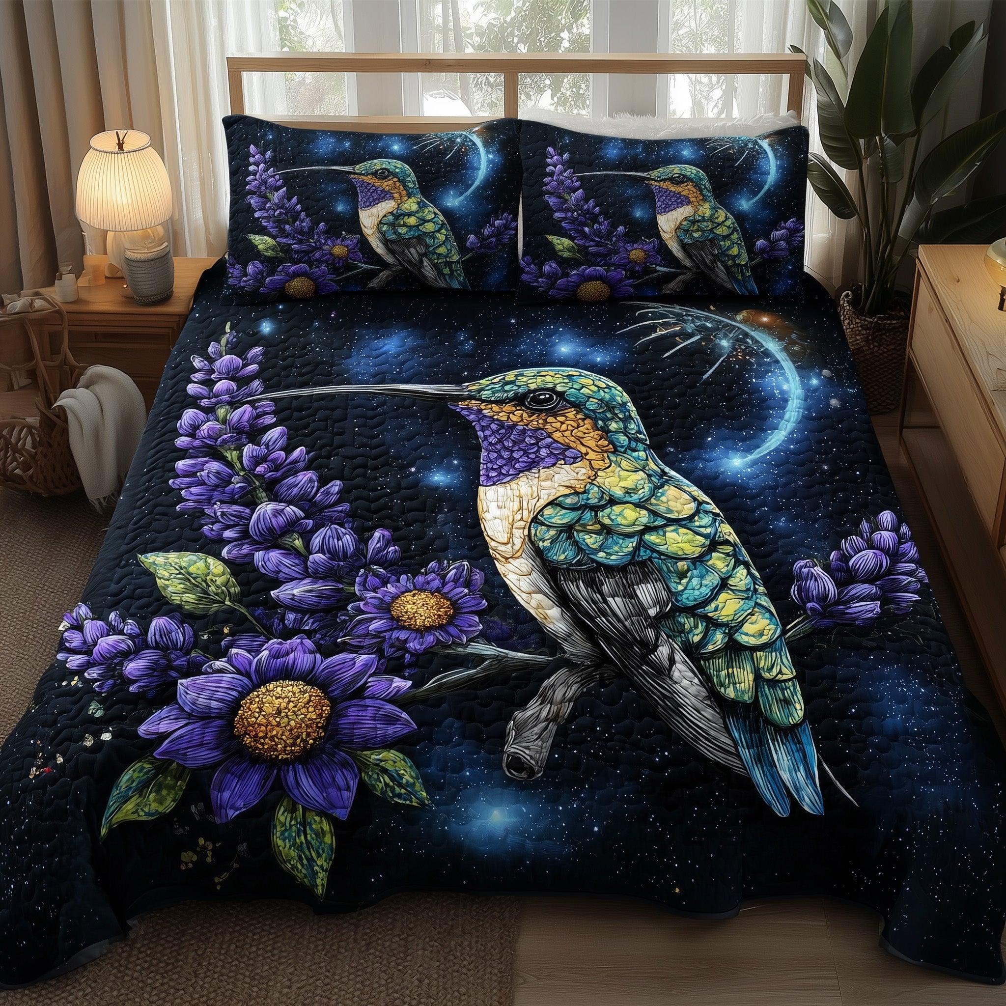 Celestial Hummingbird Quilted Bedding Set Duvet Cover Bedspread Unique Hummingbird Presents