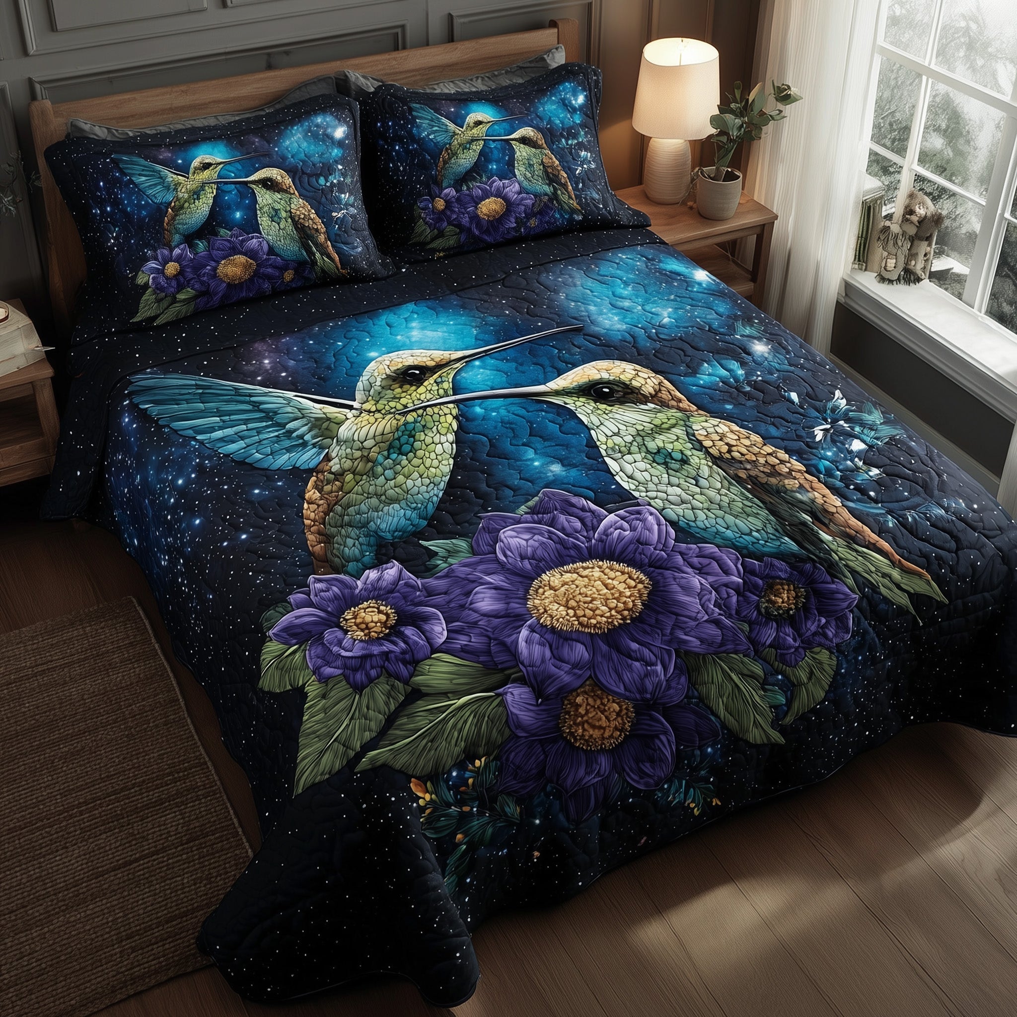 Celestial Hummingbird Quilted Bedding Set Modern Design