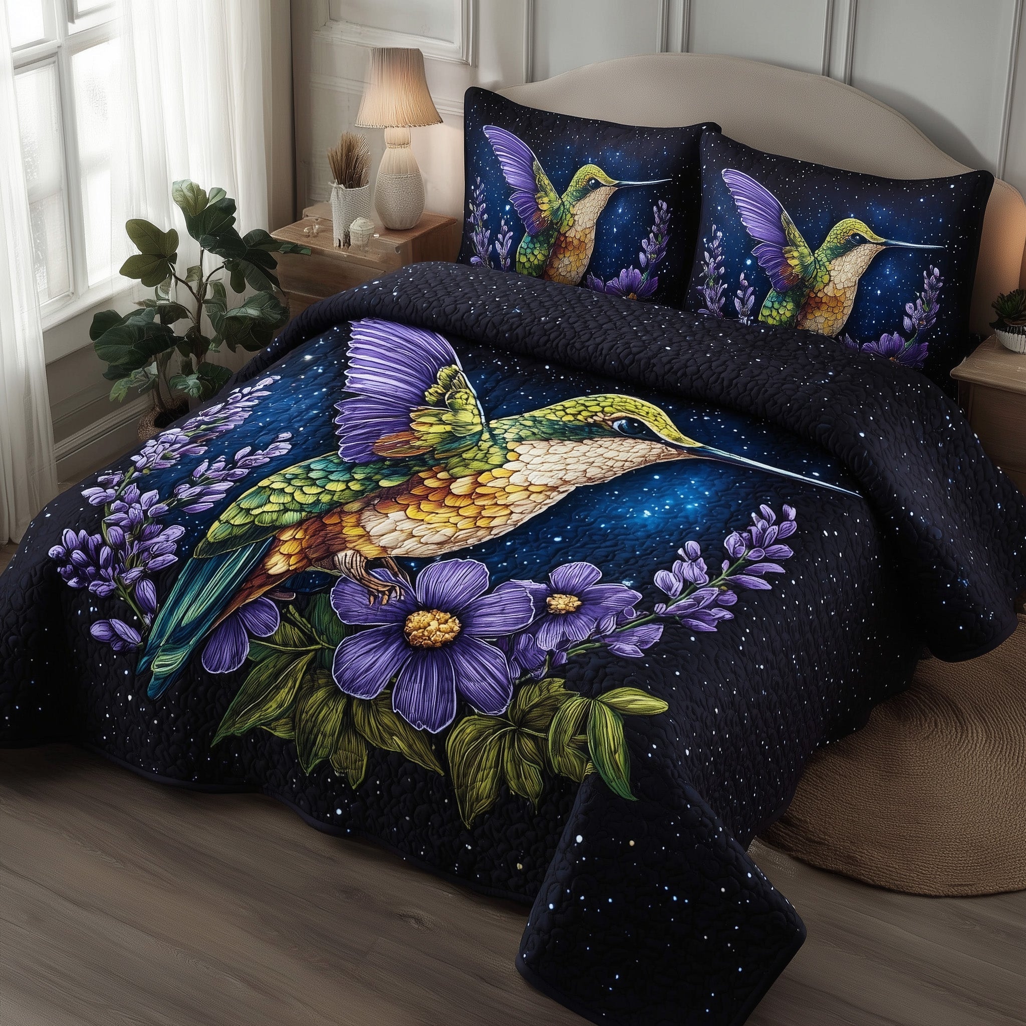 Celestial Hummingbird Quilted Bedding Set Unique Pattern