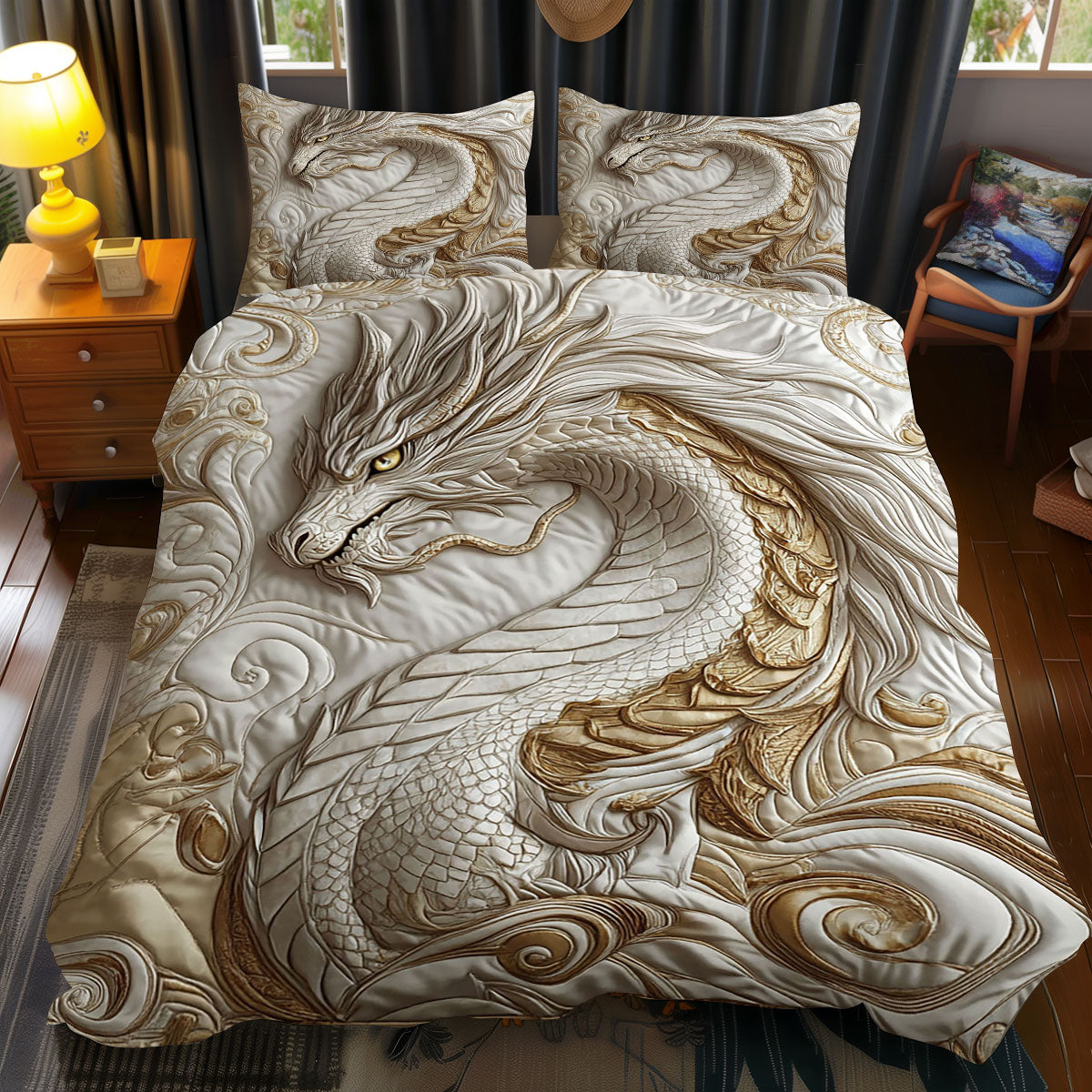 Celestial Legend Dragon Quilt Bedding Set King Size Comforter Sets Fantasy Holiday Gift for Him