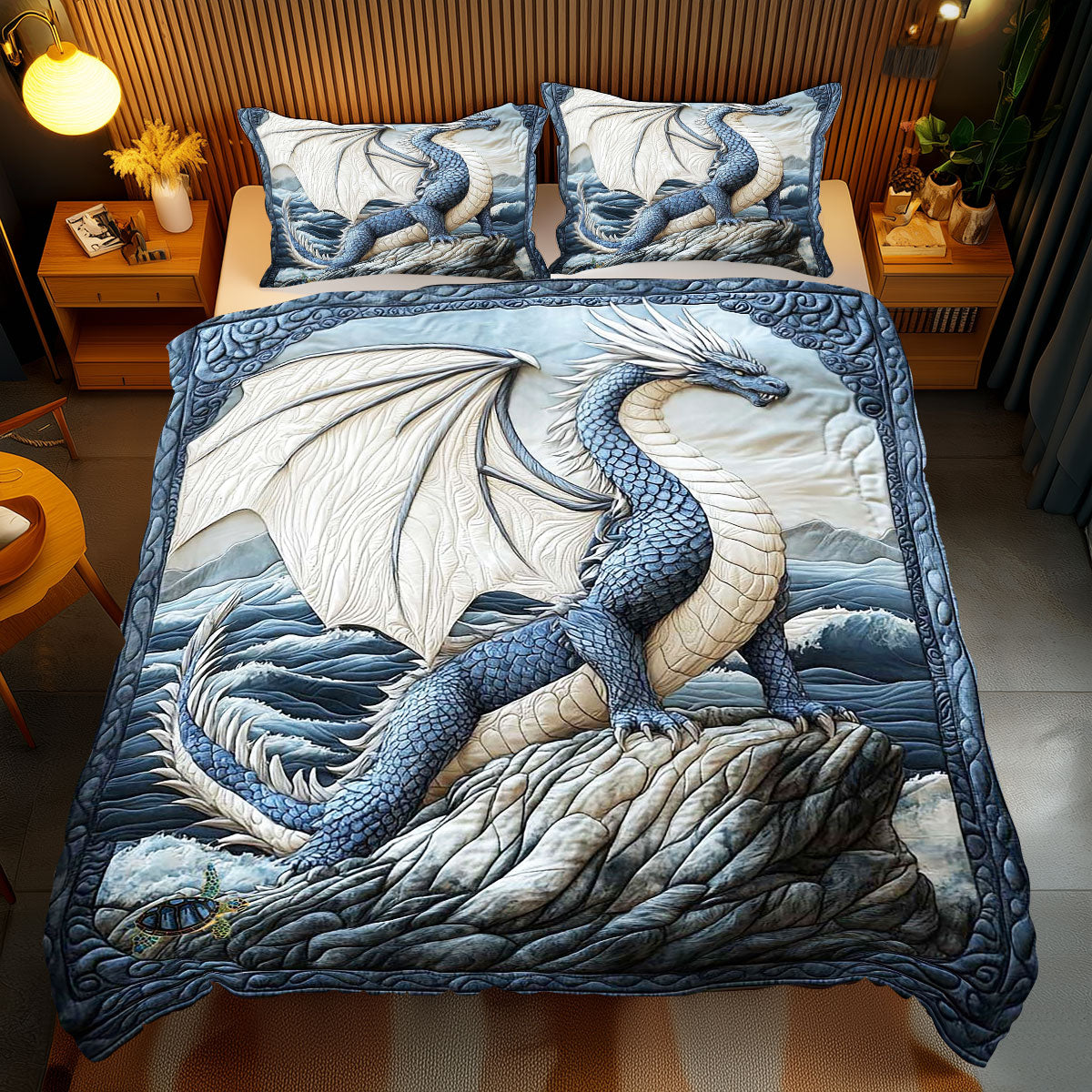 Celestial Ocean Dragon Quilted Bedding Set Duvet Cover Bedspread Bedroom Decor Gifts Items