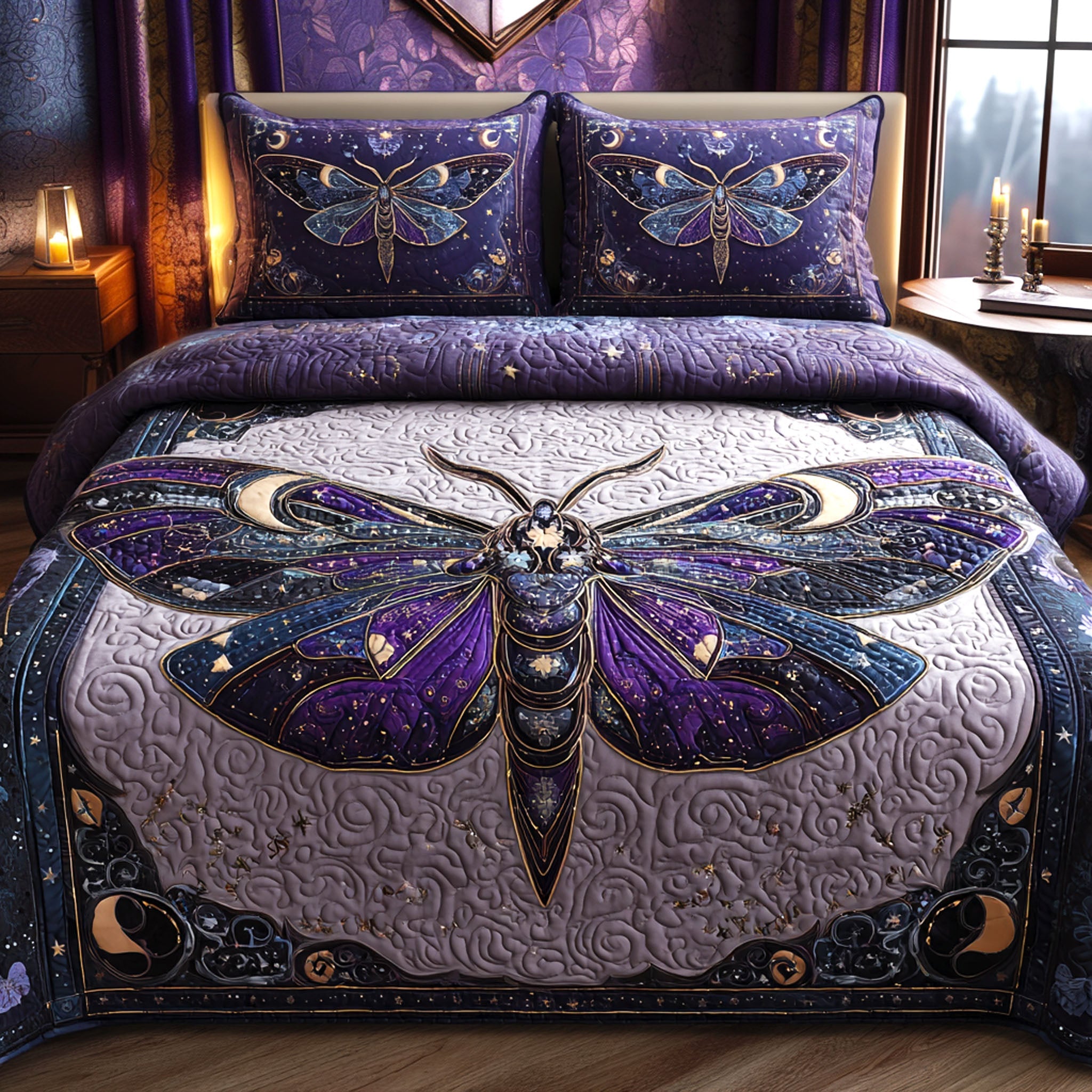 Celestial Twilight Moth Quilted Bedding Set Aesthetic Room Decor Butterfly Gifts For Women