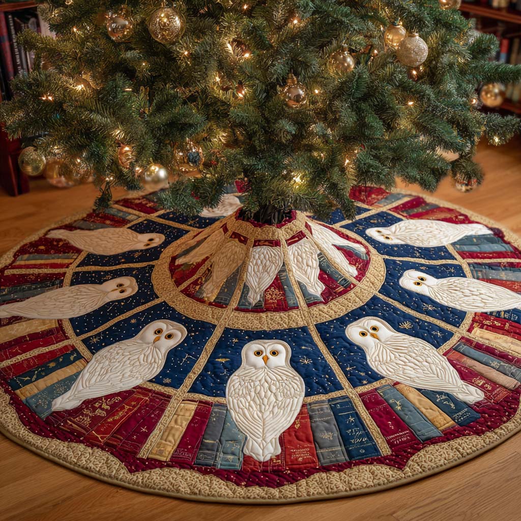 Celestial Watchers Quilted Tree Skirt Christmas Tree Base Cover Best Unique Gifts For Owl Lovers