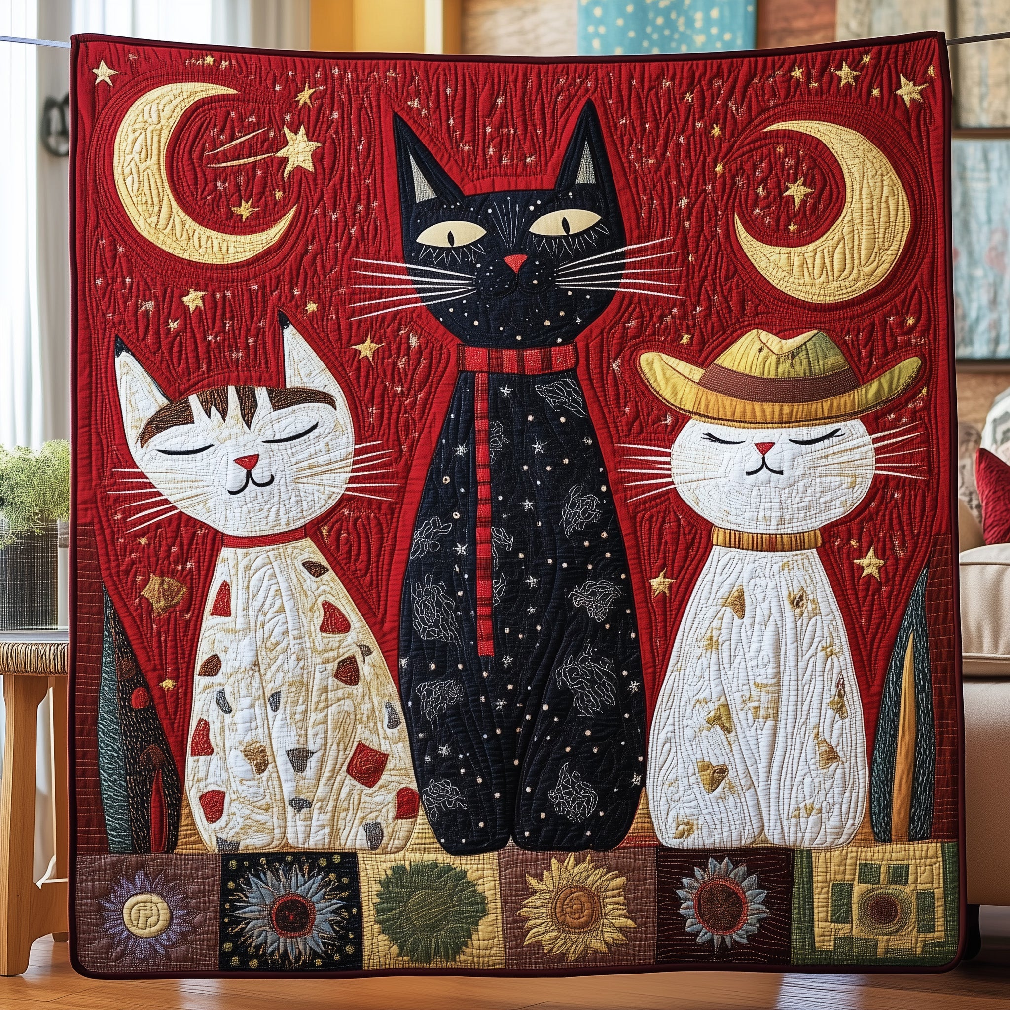 Celestial Whiskers Quilted Blanket Cute Bed BlanketBirthday Cat Gifts