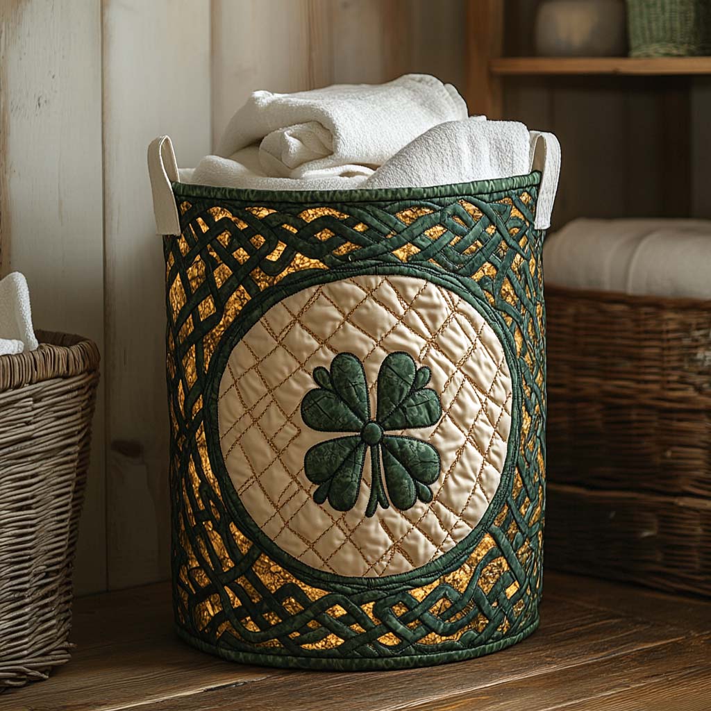 Celtic Clover Charm Quilted Laundry Basket Winter Merch Essentials