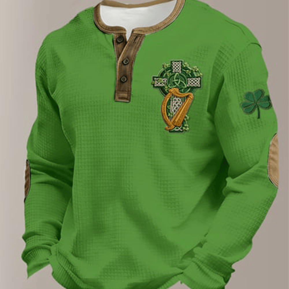 Celtic Cross Shamrock Art Button Long Sleeve Shirt St Patrick's Day Clothing Line
