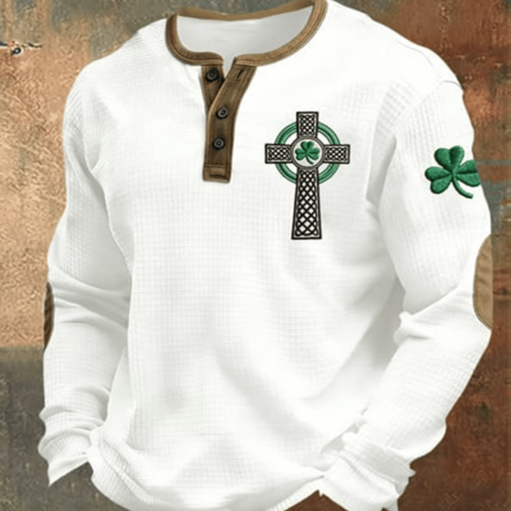Celtic Cross Shamrock Button Long Sleeve Shirt St Patrick's Day 2026 Clothing Gift For Him