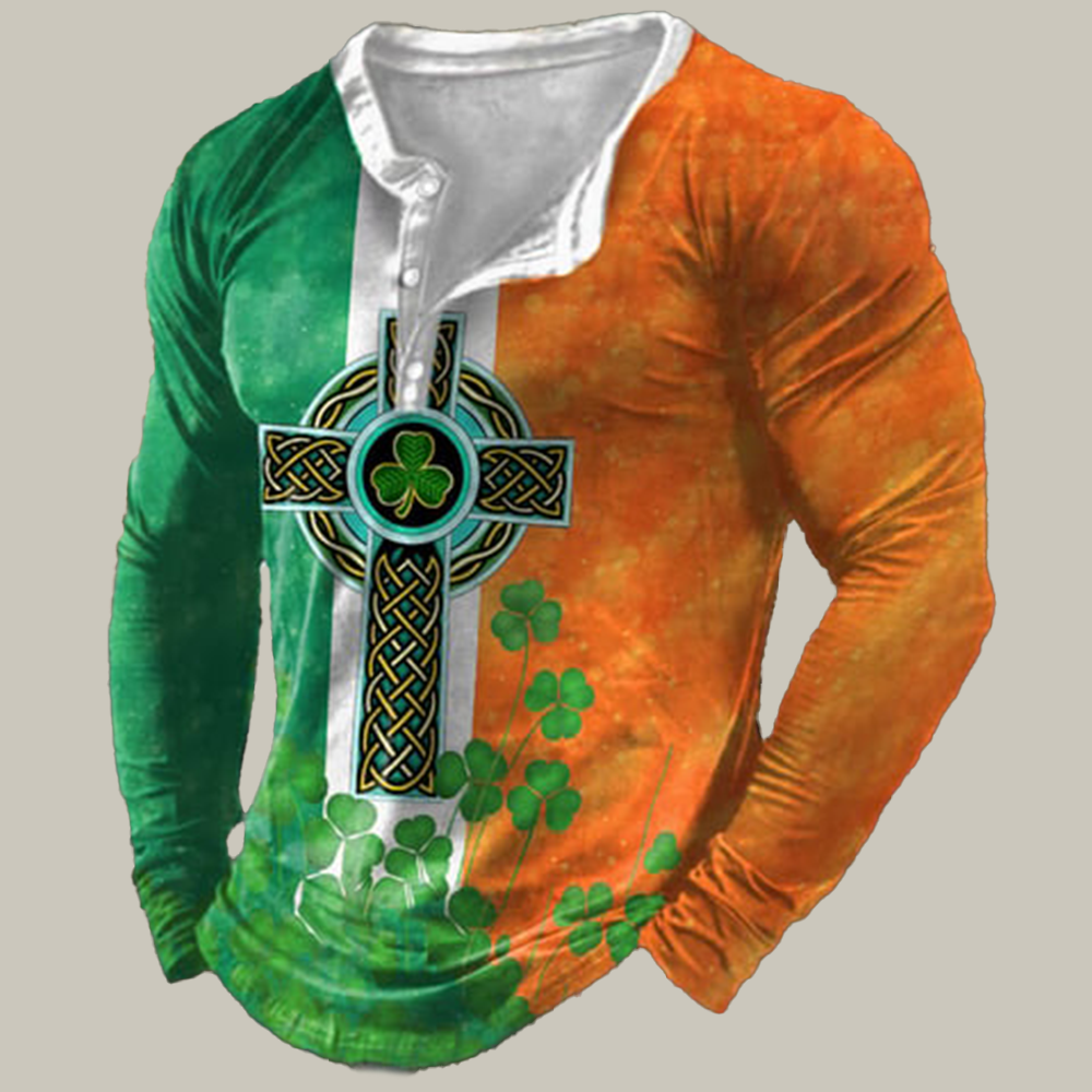 Celtic Cross Shamrock Button Long Sleeve Shirt St Patrick's Day 2026 Clothing Line