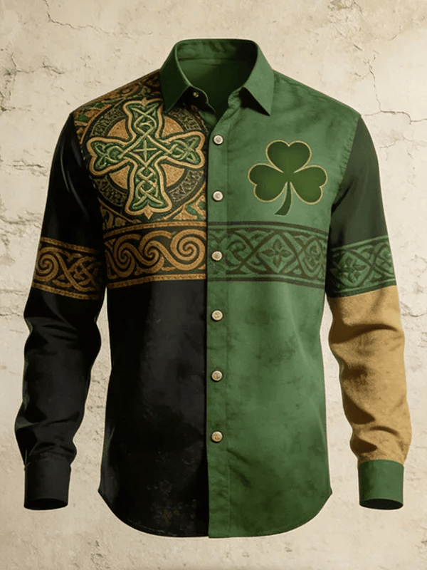 Celtic Cross Shamrock Colorblock Button Shirt St Patrick's Day Black Green Irish Heritage