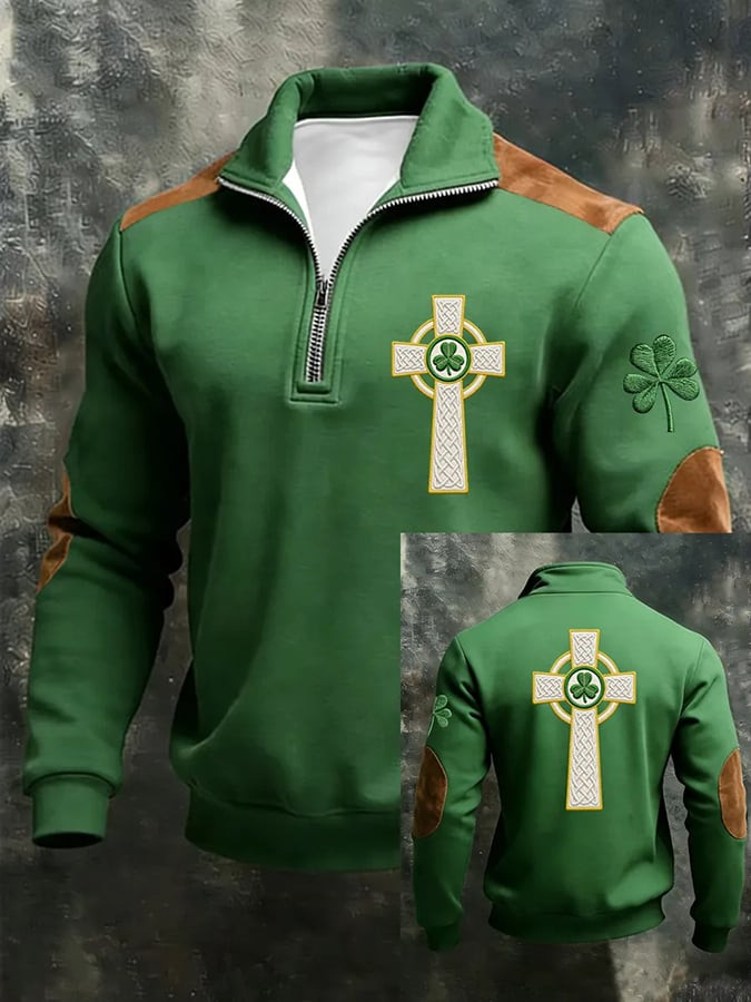 Celtic Cross Shamrock St Patrick's Day Half Zip Polo Sweatshirt St Patrick's Day Clothes Men's Celtic Cross Shamrock St Patrick's Day Half Zip Polo Sweatshirt St Patrick's Day Clothes Men's