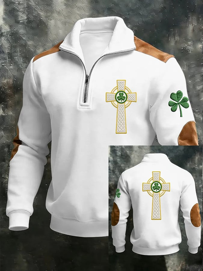 Celtic Cross Shamrock St Patrick's Day Half Zip Polo Sweatshirt St Patrick's Day Clothes Men's
