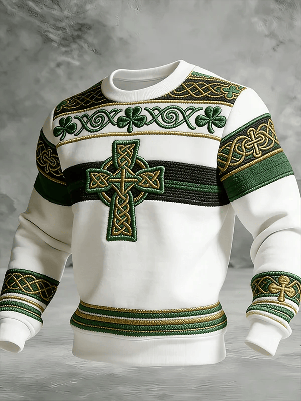 Celtic Cross Shamrock Sweatshirt Crewneck St Patrick's Day White Irish Heritage Party Outfit