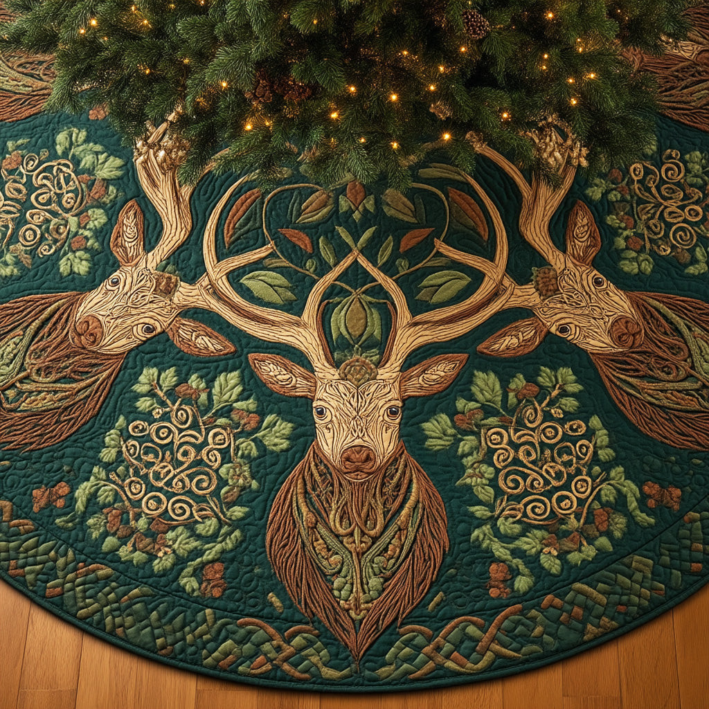 Celtic Forest Deer Christmas Quilted Tree Skirt Wildlife Pattern Deer Lover Christmas Gifts