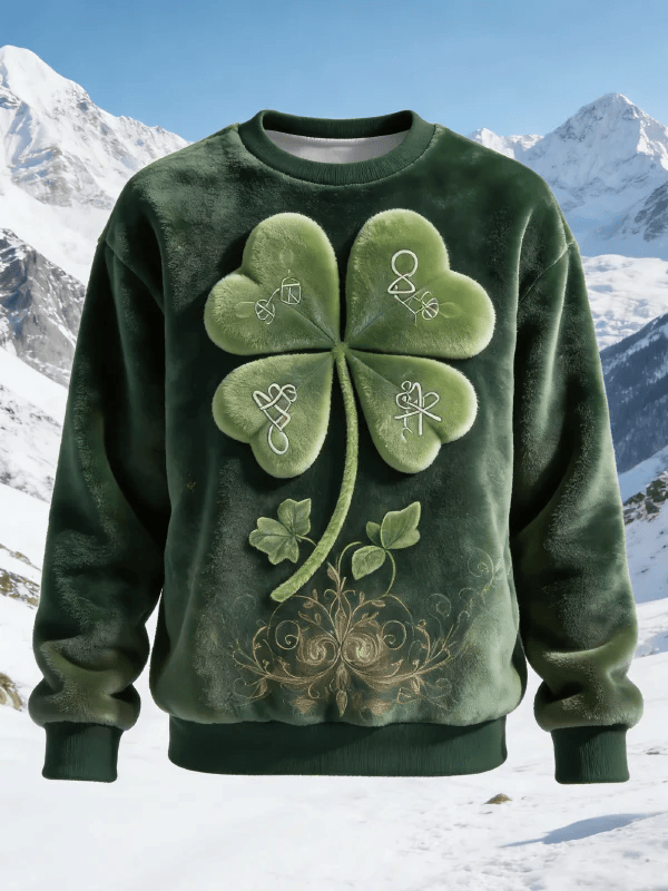Celtic Four Leaf Clover Fluffy Sweatshirt St Patrick's Day Dark Green Irish Pride Party Outfit