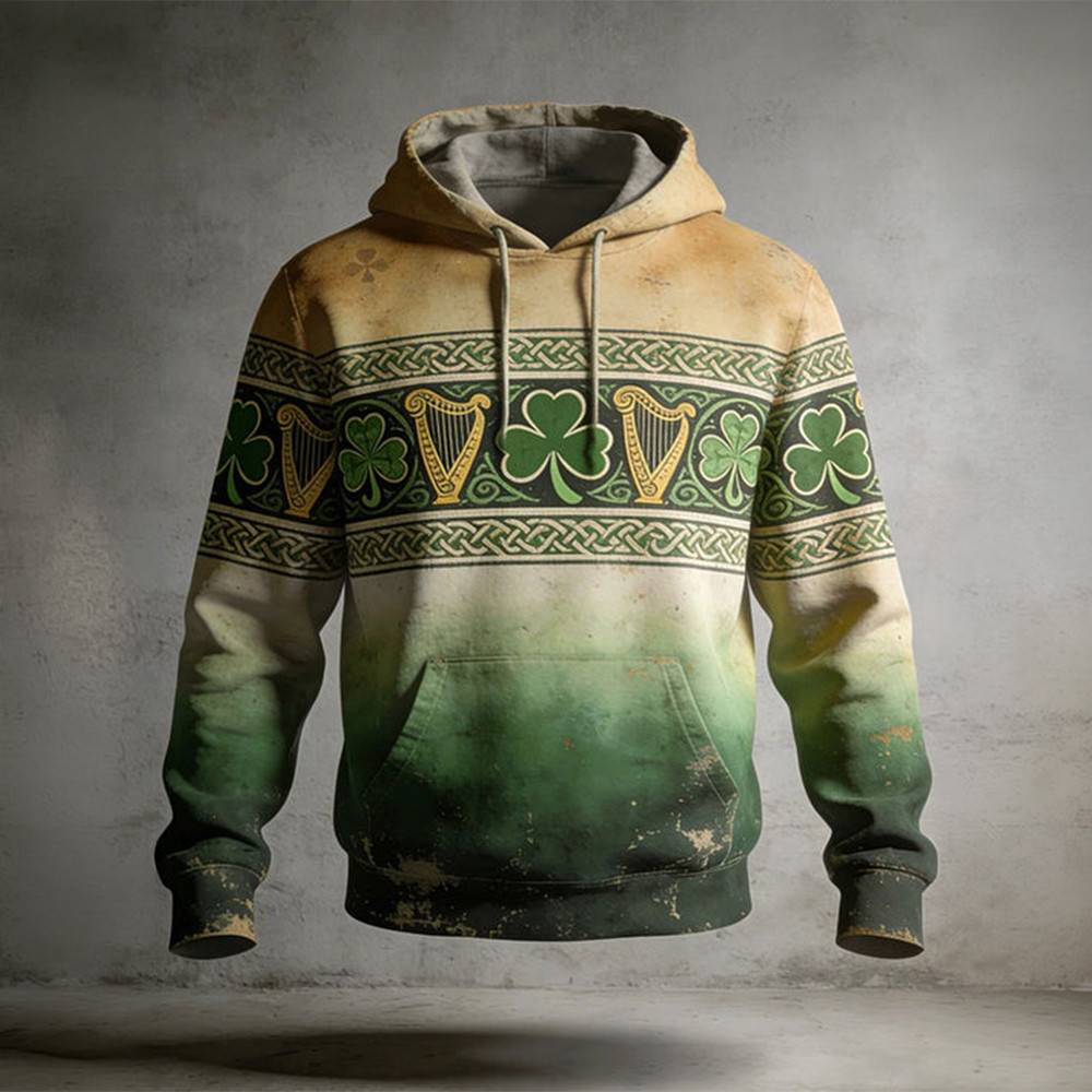 Celtic Harp Shamrock Vintage Hoodie Saint Patrick's Day Apparel Gift Idea For Men