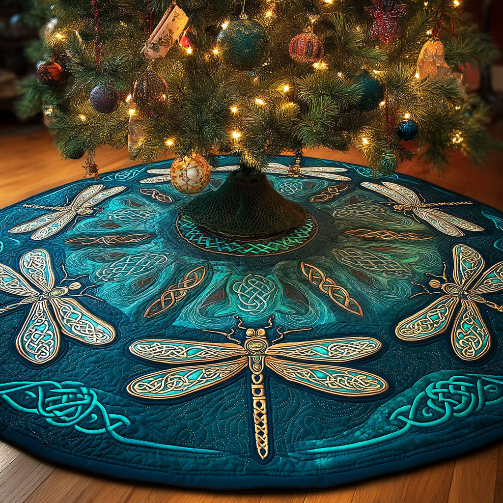 Celtic Meadow Flight Christmas Quilted Tree Skirt Xmas Decor Dragonfly Lover Christmas Gift