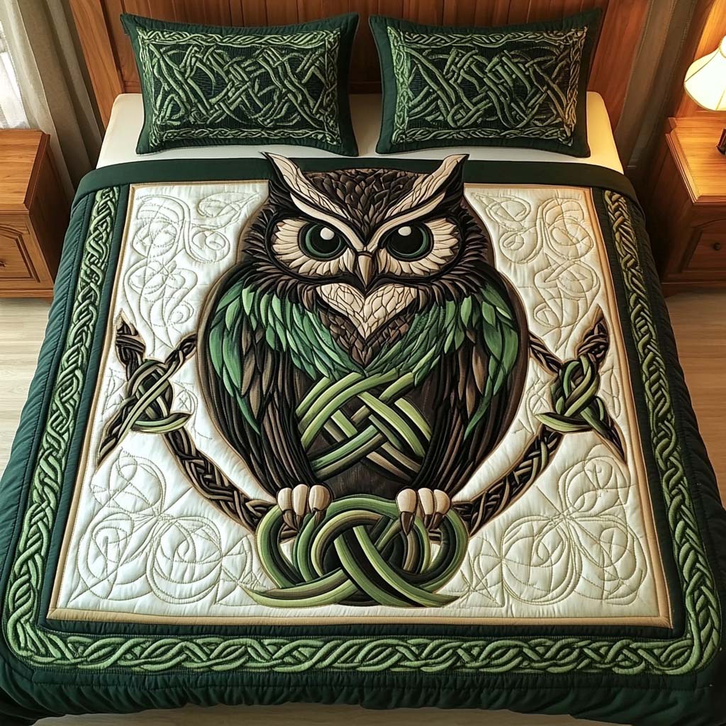 Celtic Owl Guardian Quilted Bedding Set King Size Comforter Granny Xmas Gifts