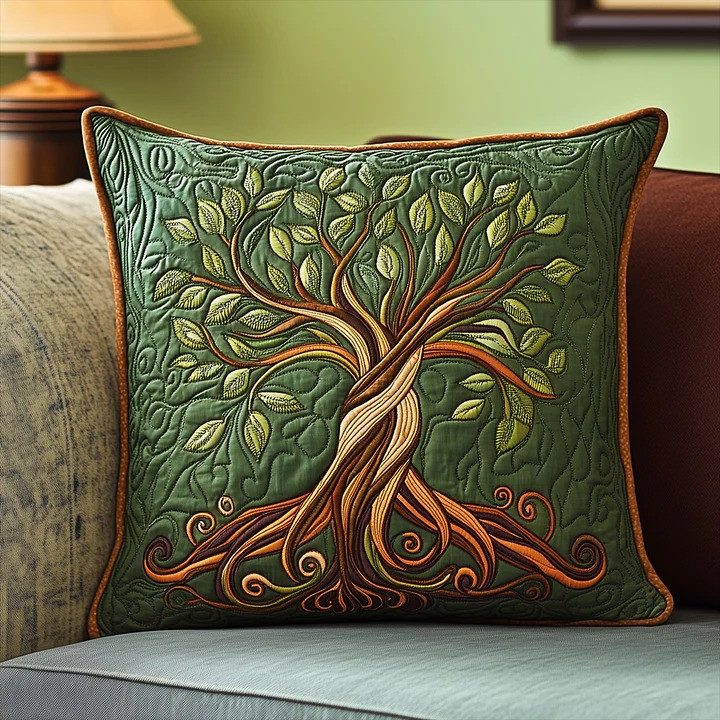 Celtic Tree Of Life Dark Green Quilted Pillow Cover Irish Art Home Decor Best Gift For Family