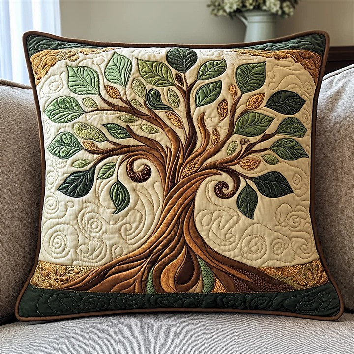 Celtic Tree Of Life Golden Leaf Quilted Pillow Cover Irish Nature Art Home Decor Best Gift