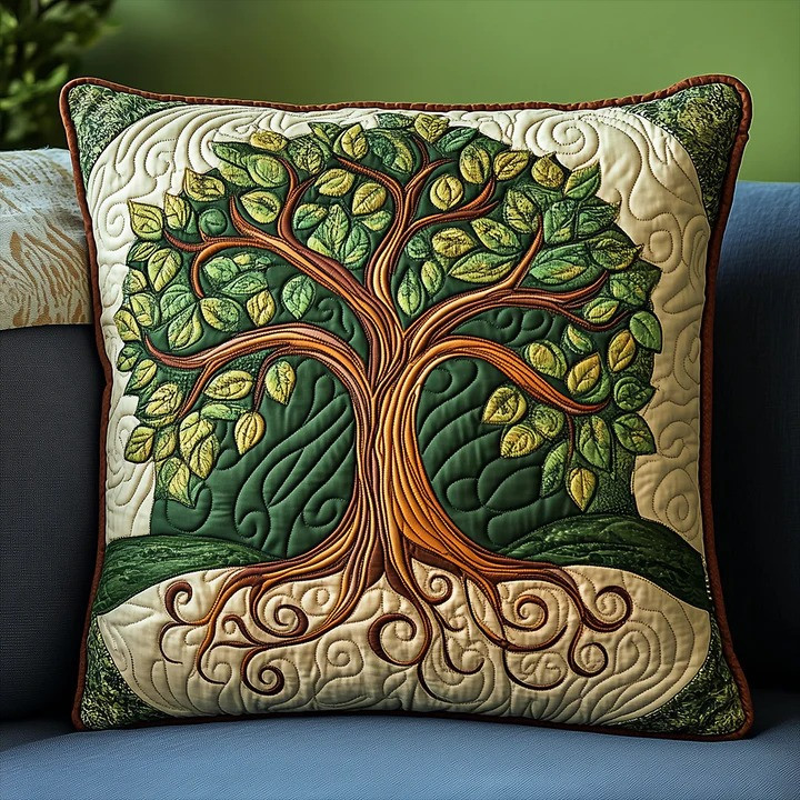 Celtic Tree Of Life Green Quilted Pillow Cover Irish Nature Art Home Decor Best Gift Ideas