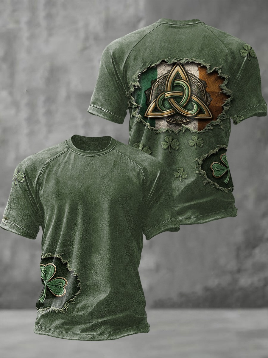 Celtic Triquetra Irish Flag Graphic T-Shirt St Patricks Day Shamrock Ripped Effect Tee Gift For Him
