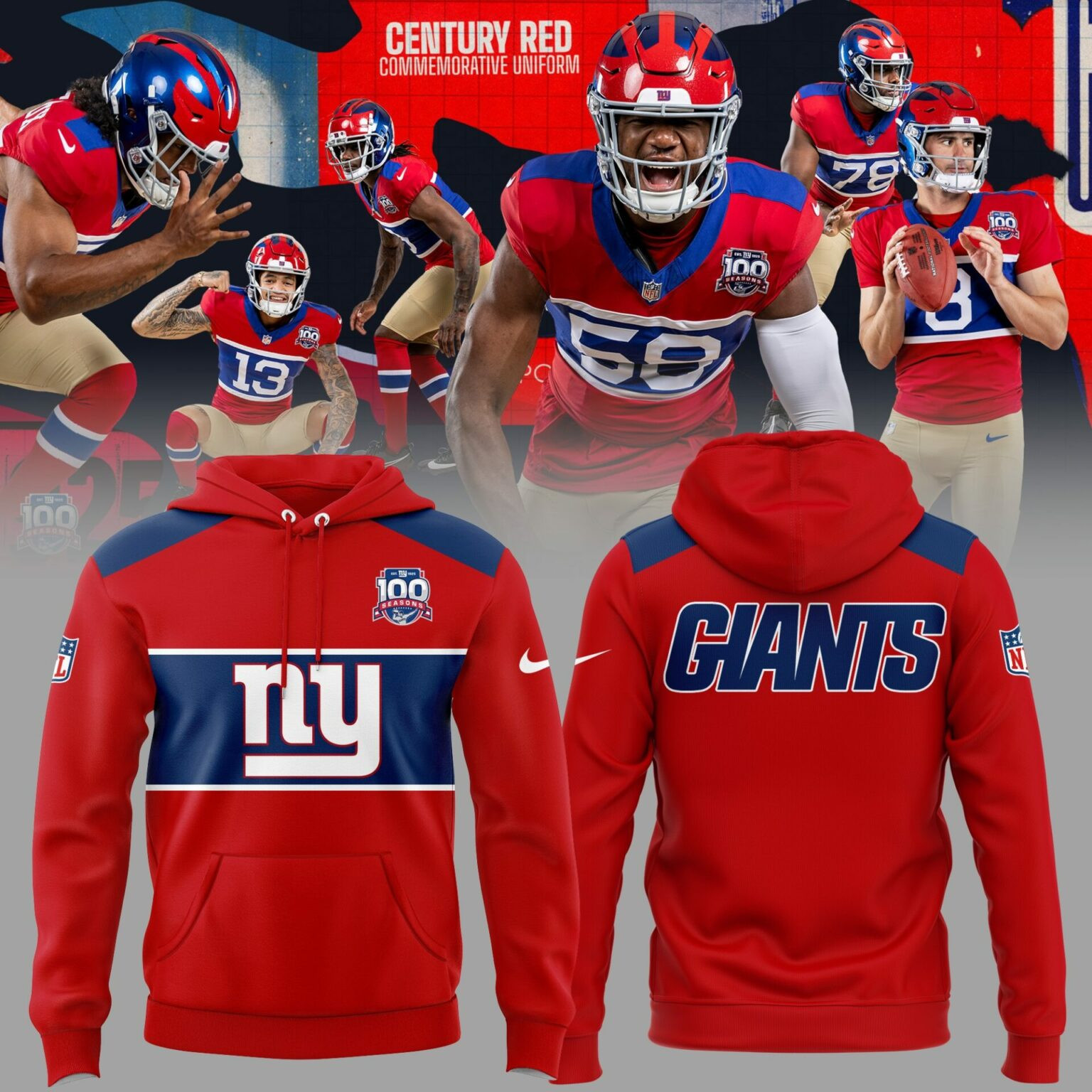 Century Red NY Giants Throwback Limited Hoodie 100th Anniversary Best Sport Merch For Football Lovers