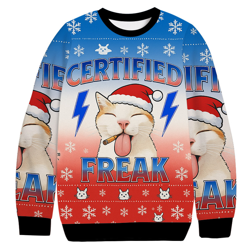 Certified Freak Cat Christmas Ugly Sweatshirt Holiday Lounge Wear Top Gift Ideas