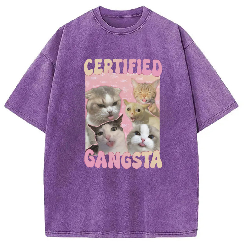 Certified Gangsta Cats Washed T-Shirt Cool Urban Street Style Shirt Gifts For Best Friend
