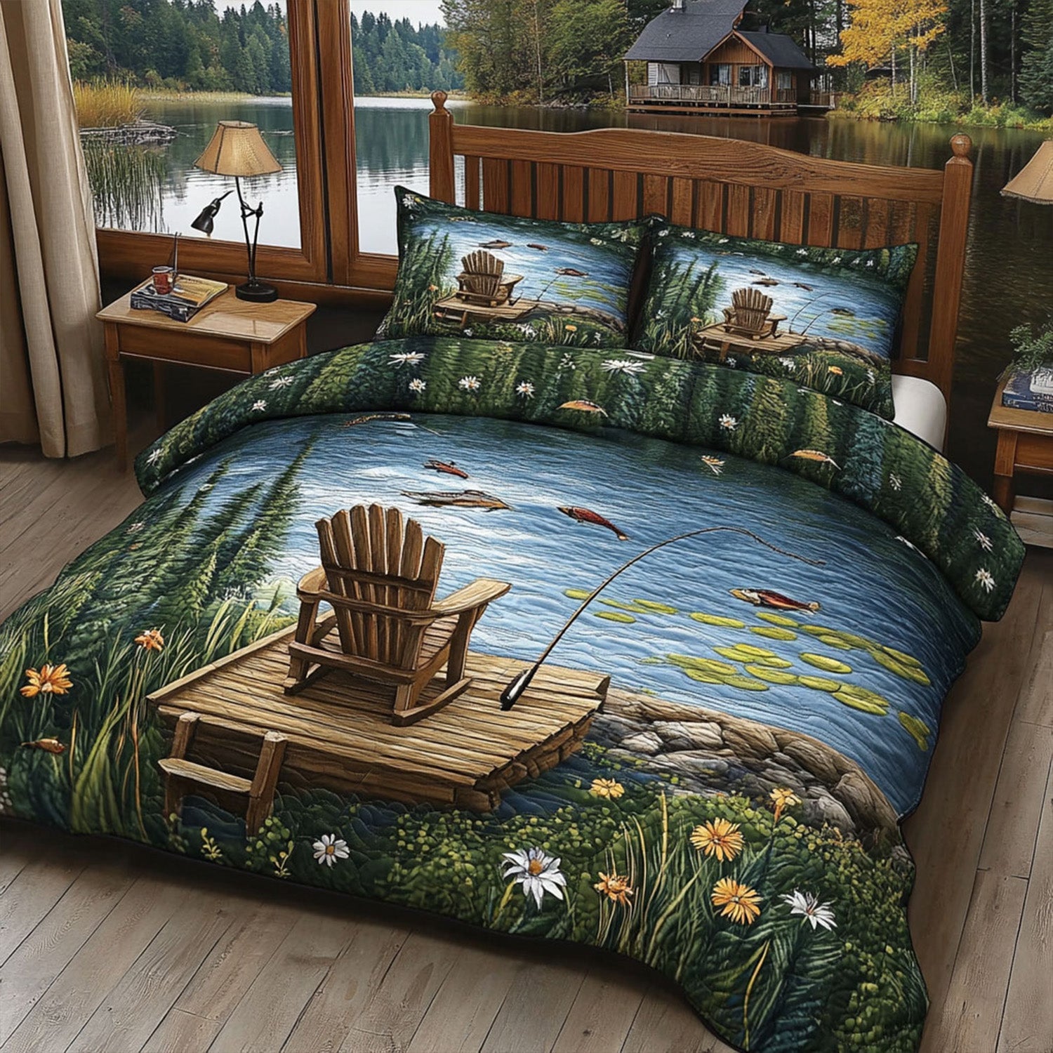 Chair by the Lake Quilted Bedding Set Unique Bed Sheet Set Fishing Presents For Him