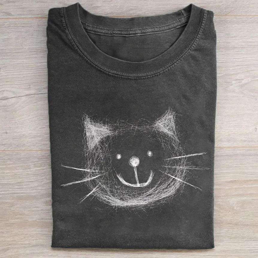 Chalk Cat Face Graphic Print T-Shirt Creative Cat Lovers Merch Best Gift For Pet Owners