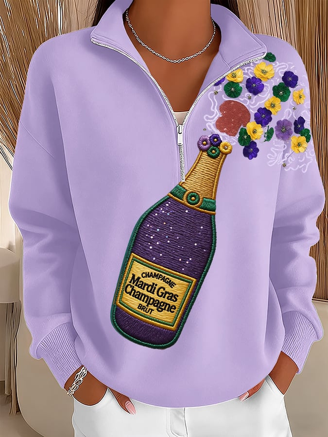 Champagne And Flowers Mardi Gras Zip Stand Collar Sweatshirt Fleur De Lis Mardi Gras Clothes