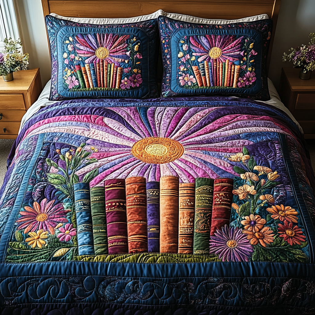 Chapters in Bloom Quilted Bedding Set Aesthetic Room Decor Book Themed Gifts For Husband