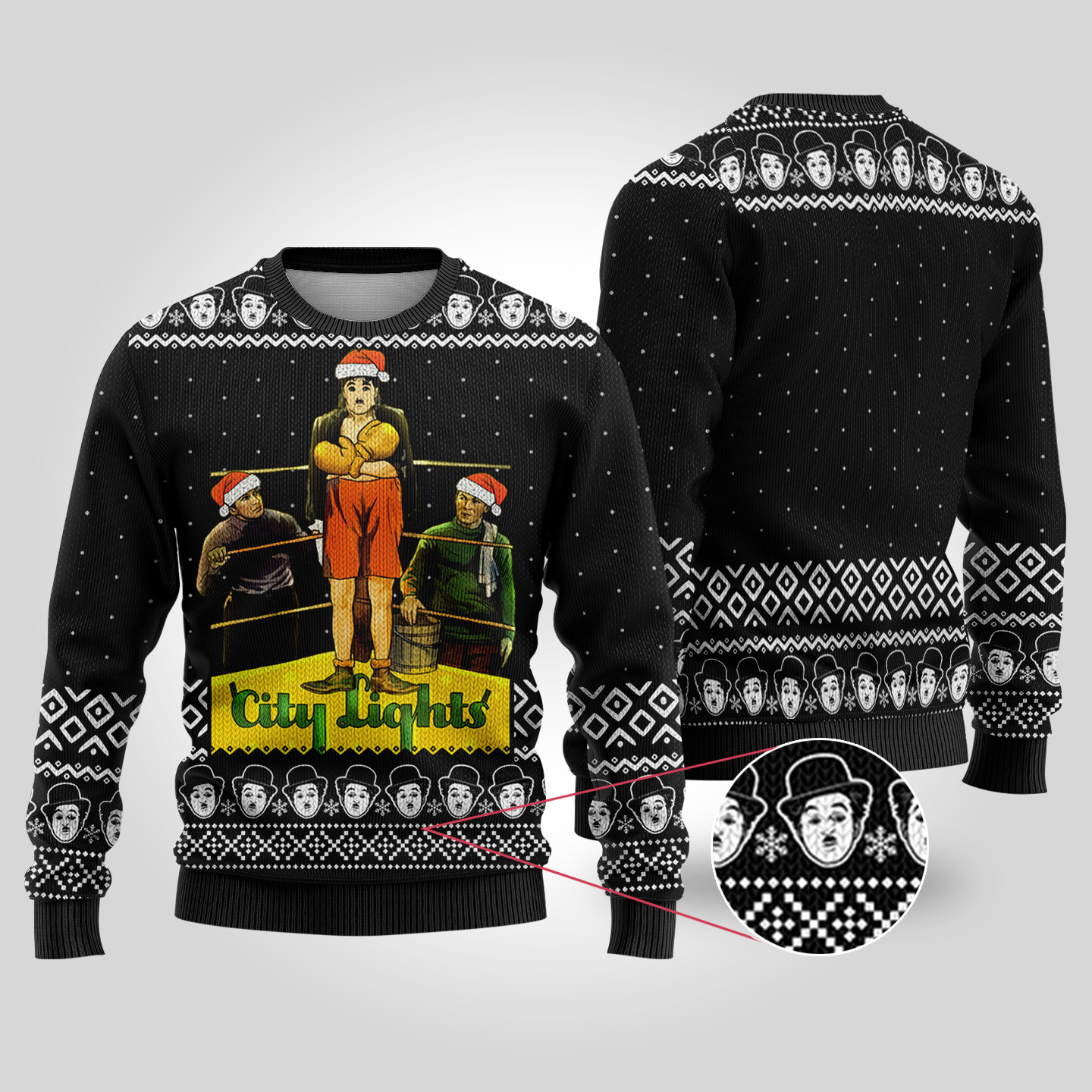 Charlie Chaplin City Lights Ugly Christmas Sweater Black Funny Holiday Sweater for Family Gatherings