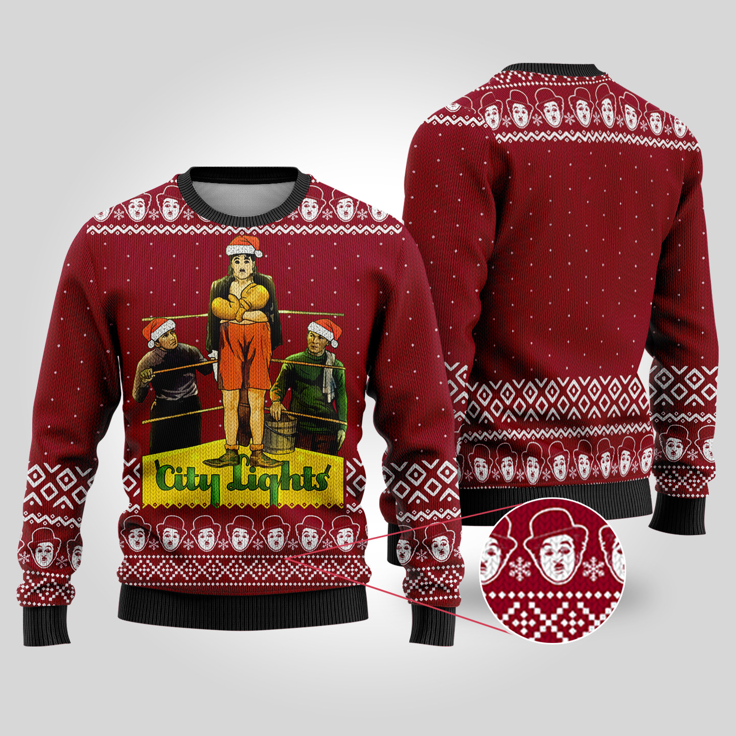 Charlie Chaplin City Lights Ugly Christmas Sweater Cardinal Red Best Christmas Merch Gift for Family and Friends