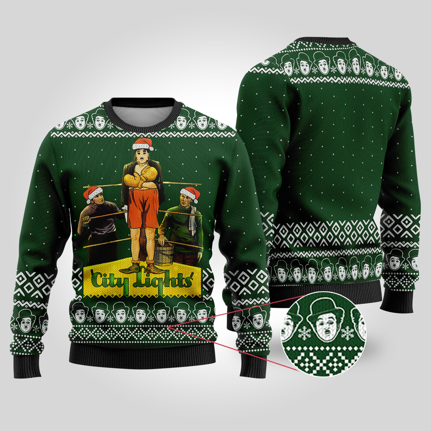 Charlie Chaplin City Lights Ugly Christmas Sweater Forest Green Special Merch Gift Idea for Festive Celebrations