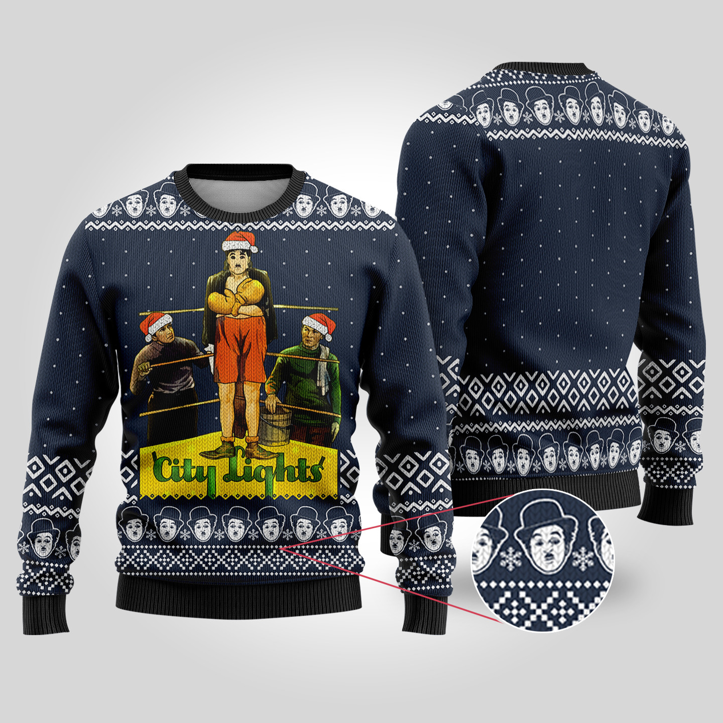 Charlie Chaplin City Lights Ugly Christmas Sweater Navy Funny Holiday Sweater for Family Gatherings