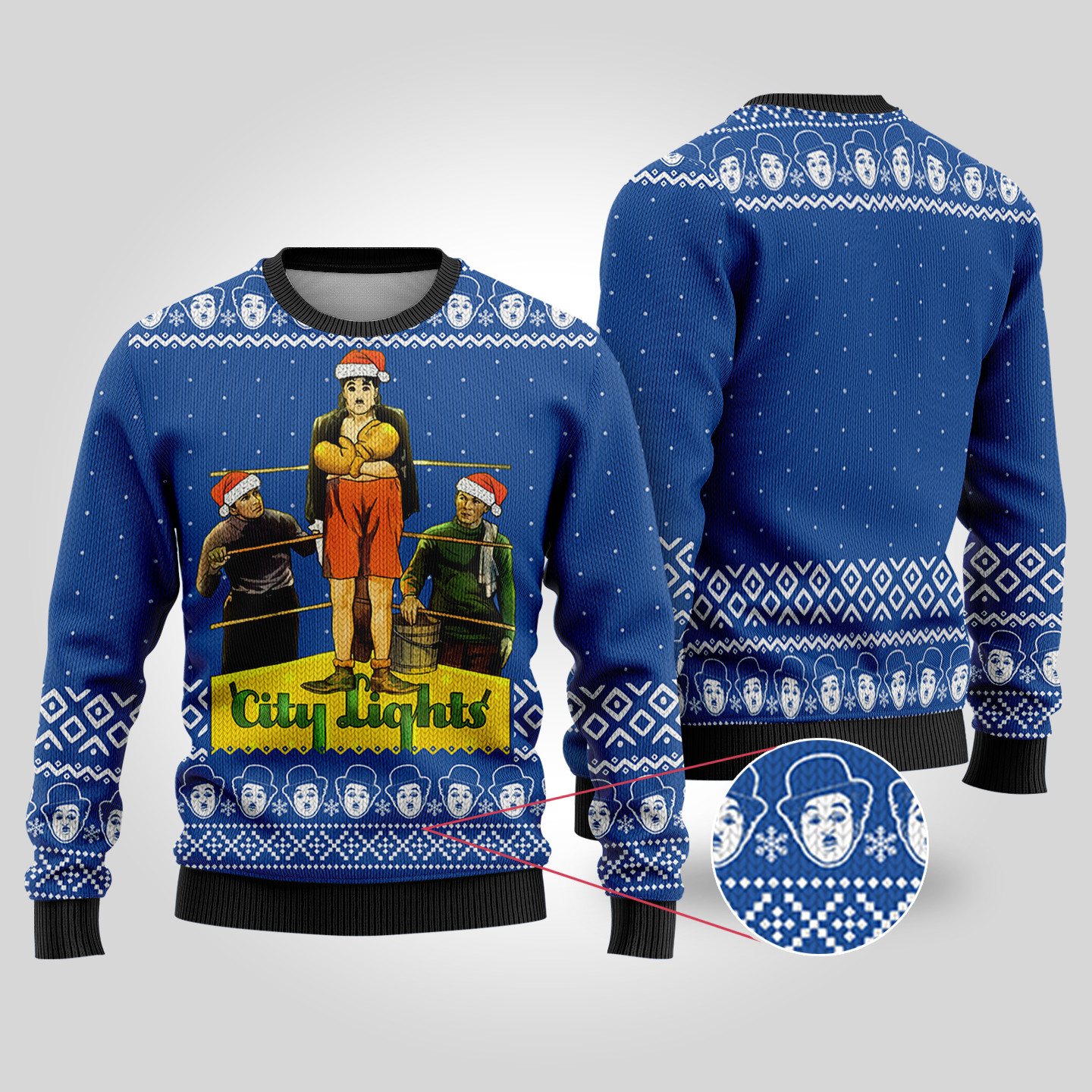 Charlie Chaplin City Lights Ugly Christmas Sweater Royal Unique Holiday Sweater Gift Idea for Loved Ones