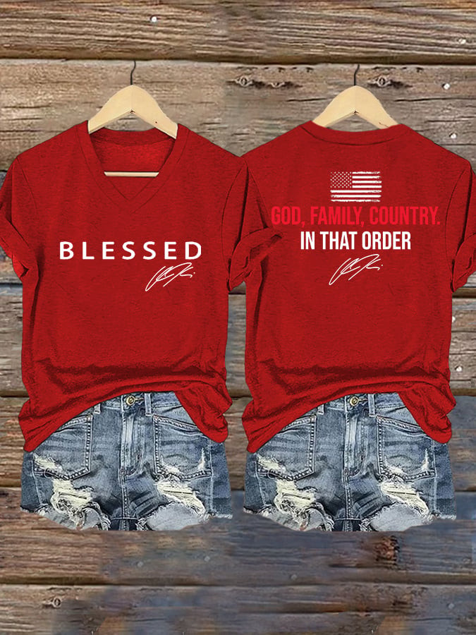 Charlie Kirk Blessed V-Neck Shirt God Family Country In That Order Merch Gifts For Her