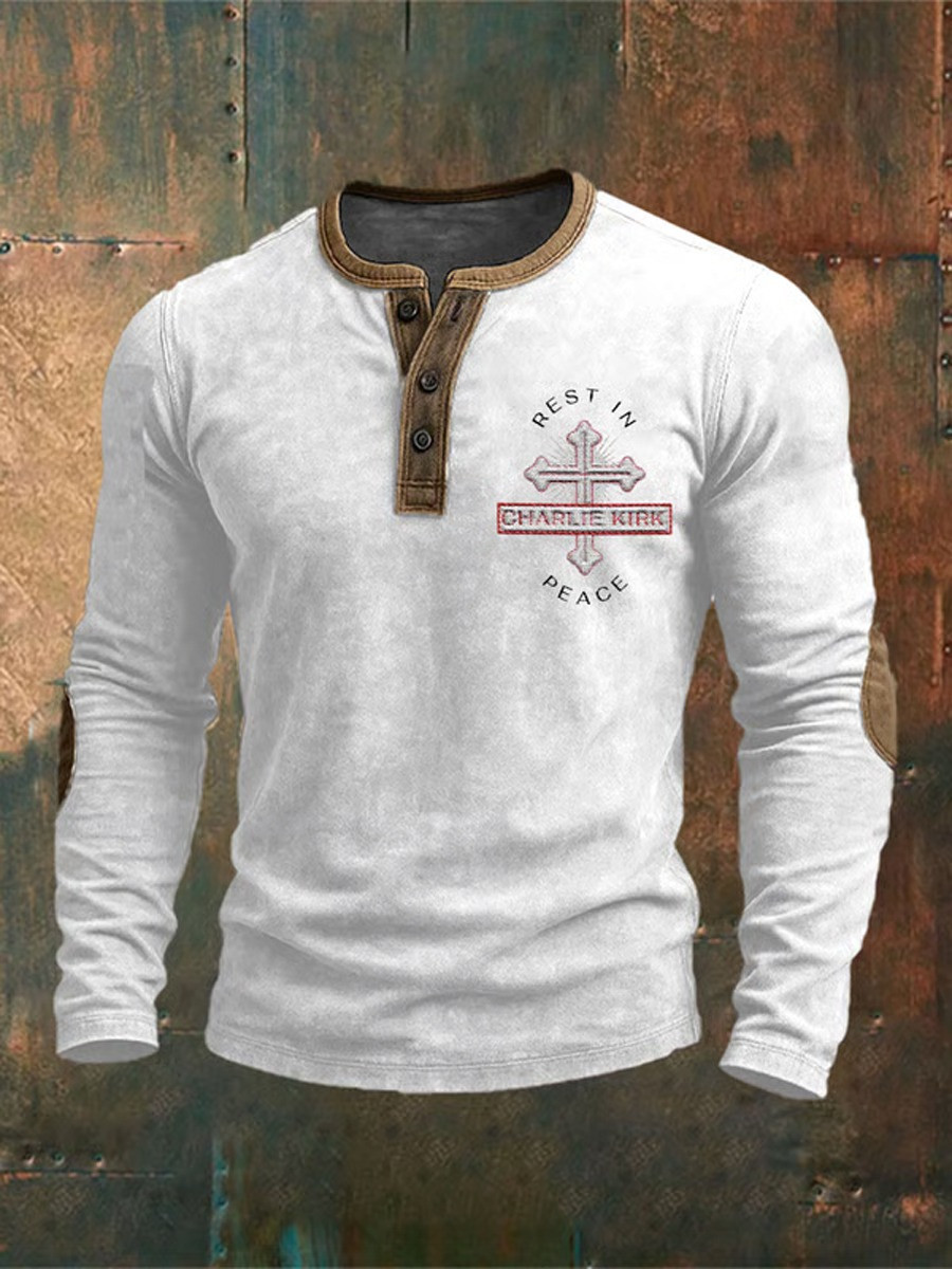Charlie Kirk Button Long Sleeve Shirt Henley Rest In Peace Cross Christian Clothing Gifts