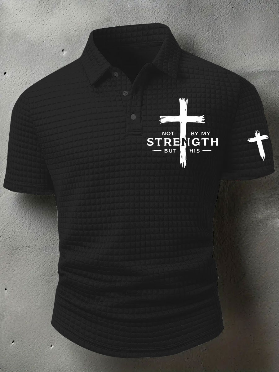 Charlie Kirk Cross Waffle Polo Shirt Not By My Strength But His Religious Clothing Gifts