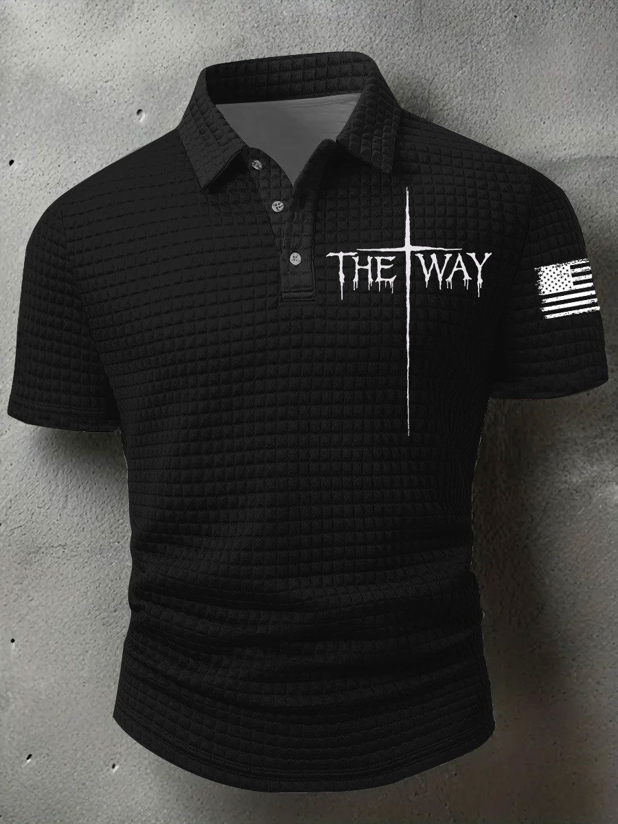 Charlie Kirk Cross Waffle Polo Shirt The Way Christian Faith USA Flag Clothing Presents